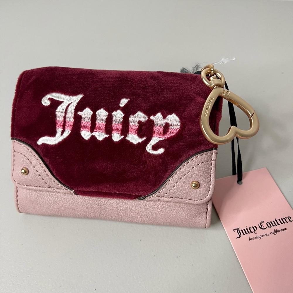 Juicy Couture Retro Vibe Trifold Wallet Cabernet Pink Velour Y2K Heart Keychain